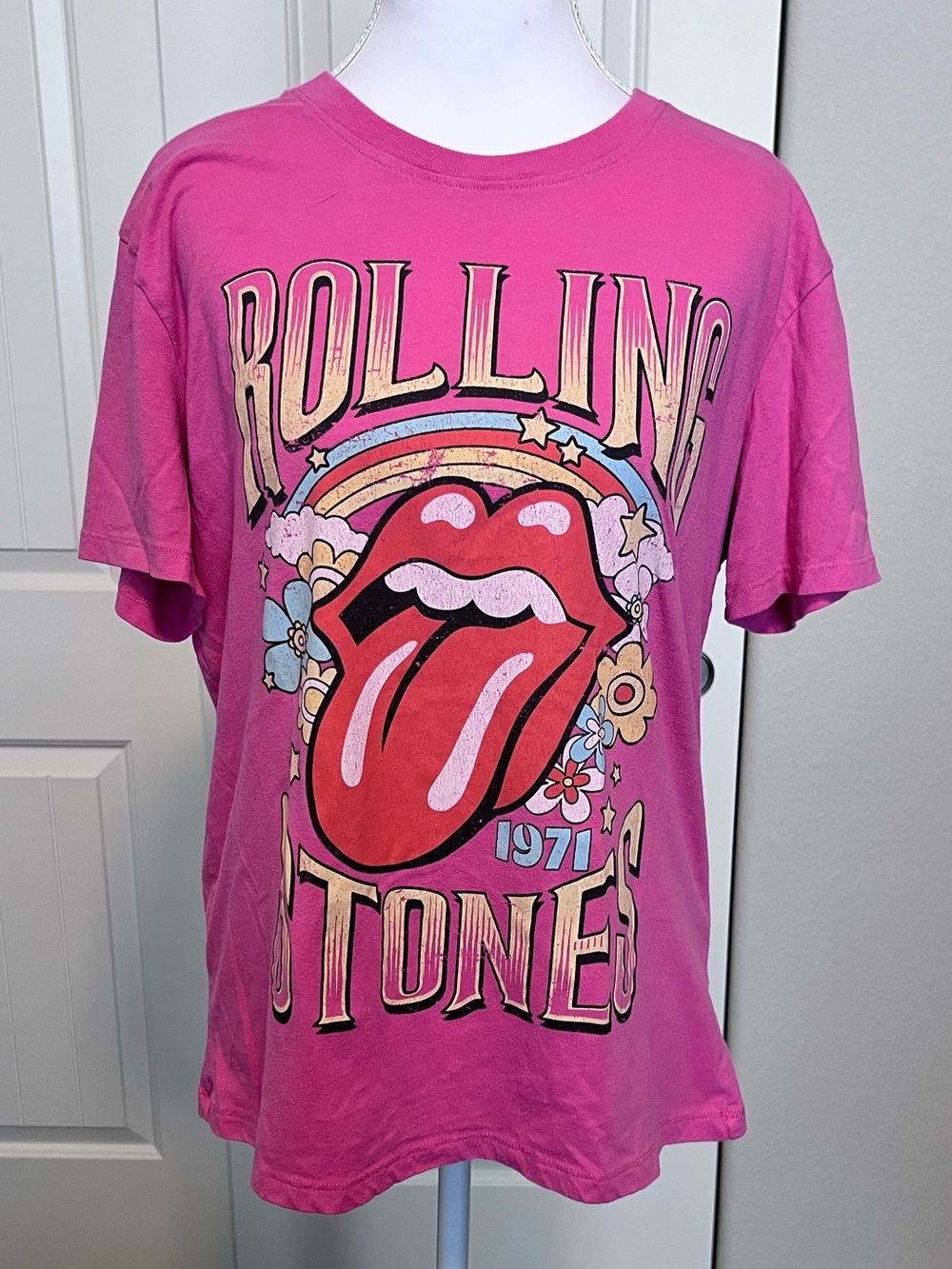 the Rolling Stones 1971 UK Tour Tongue Rainbow Flowers Graphic Tee Sz Medium